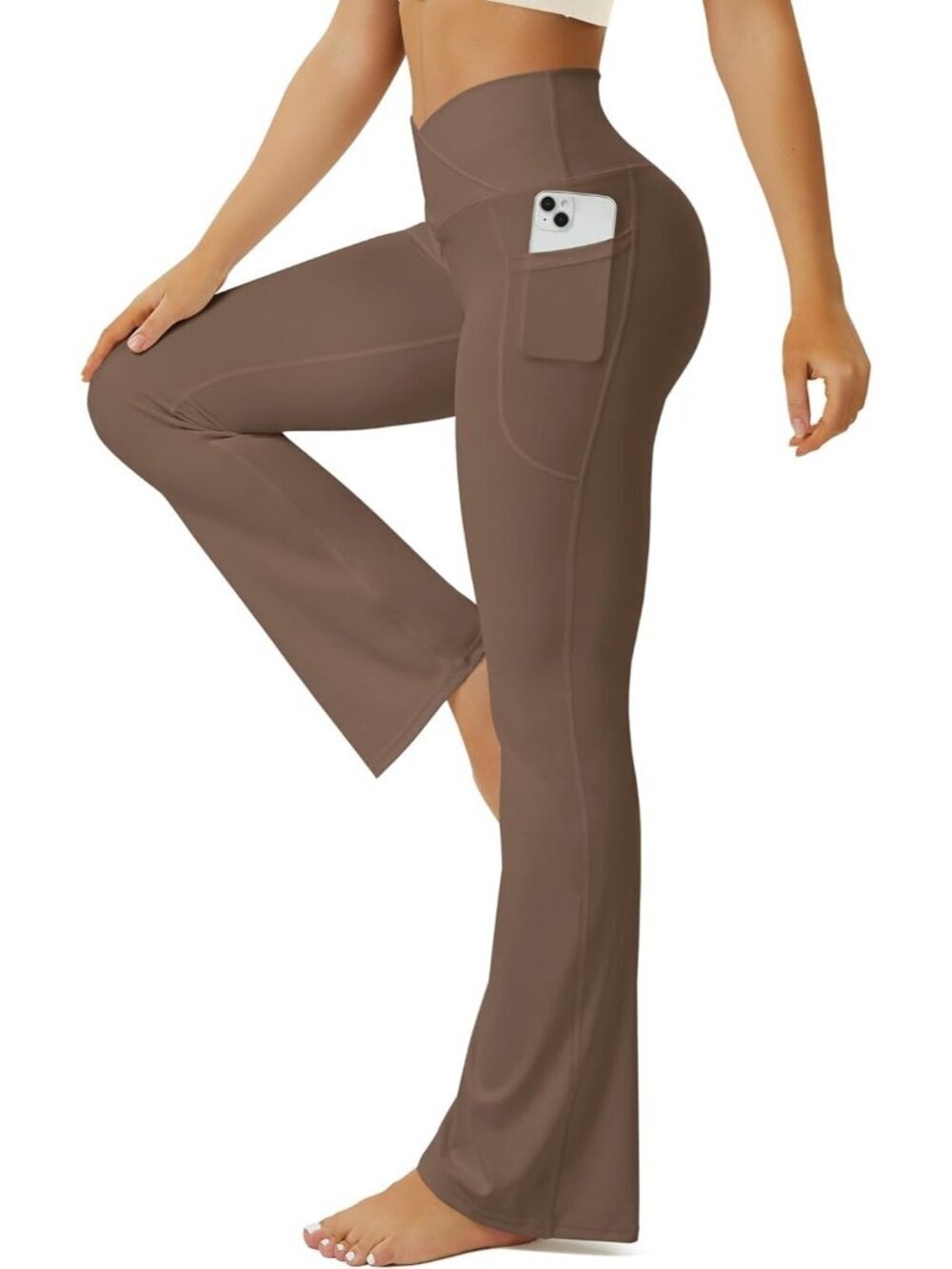 Women's Brown Crossover High Waisted Imported Pull On Flare Bootcut Yoga Pants